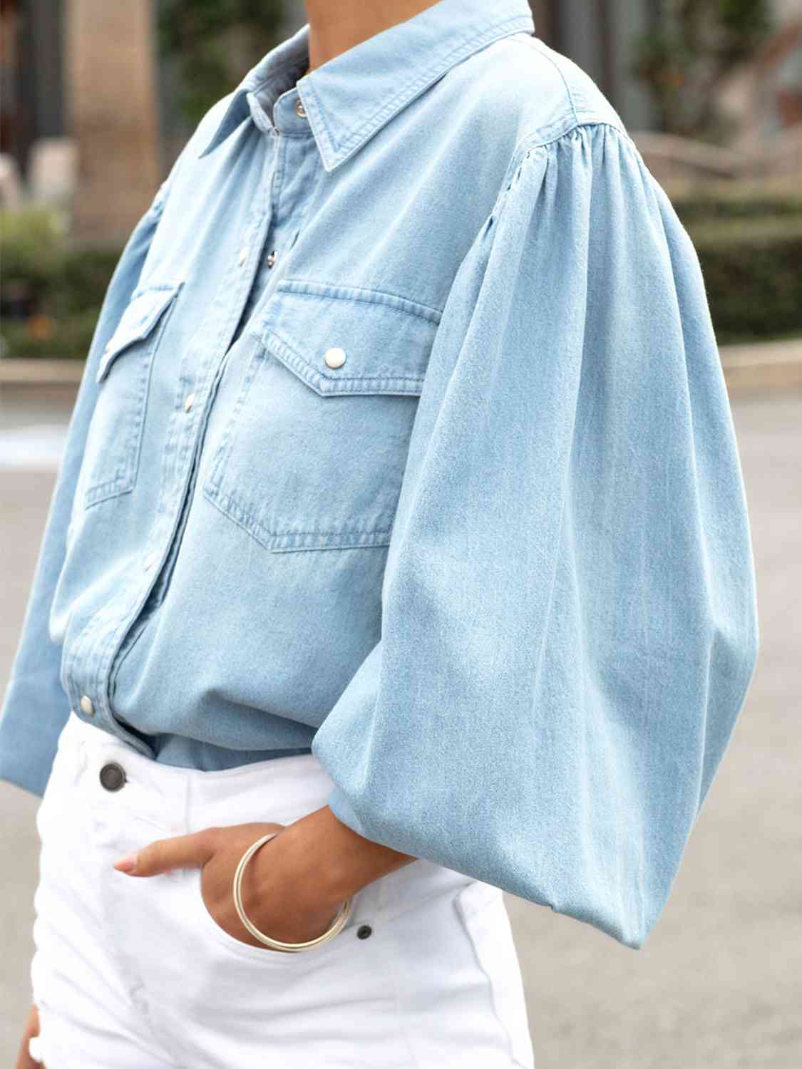 The Erika Lantern-Sleeve Denim Blouse